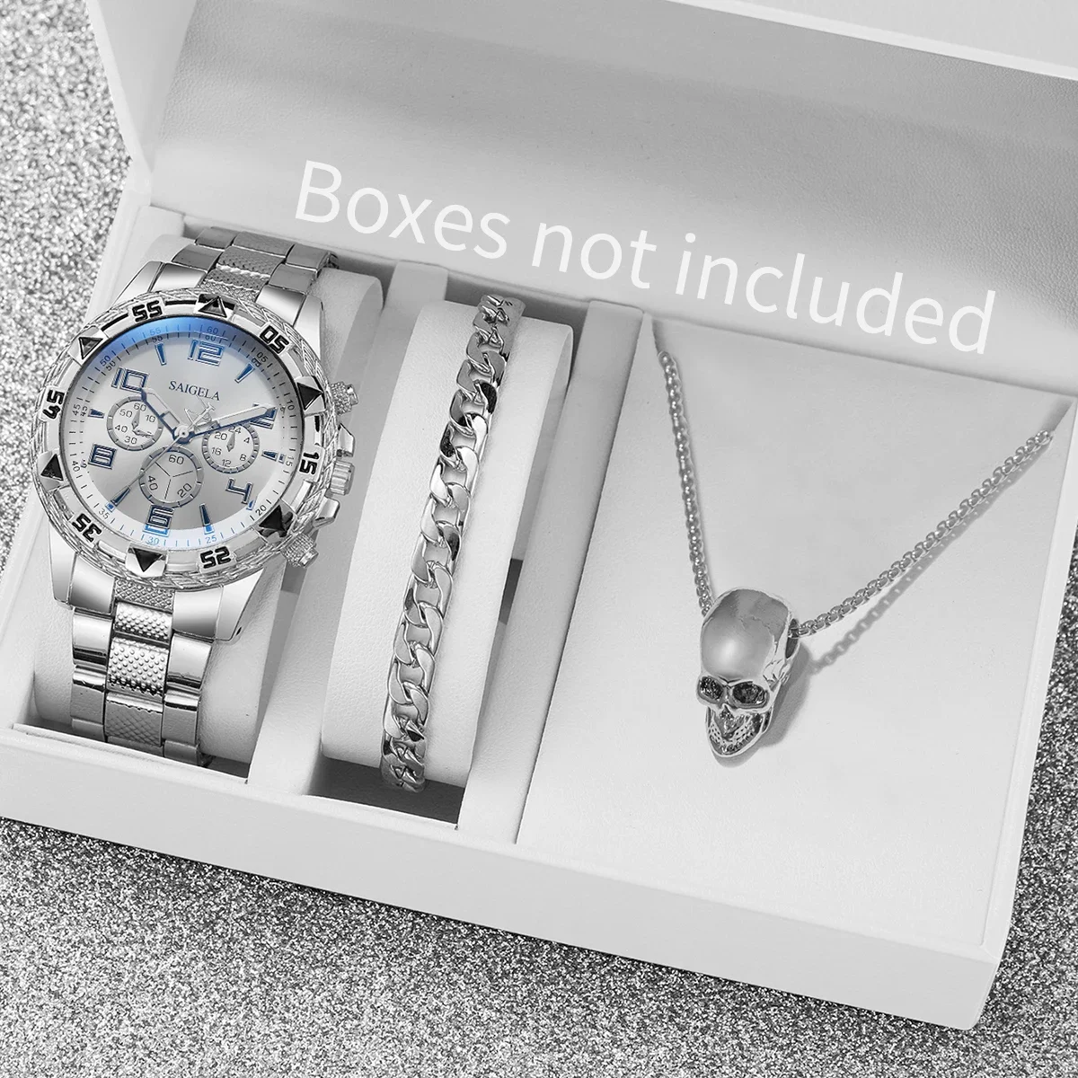 เซ็ตนาฬิกาปริศนาเซอร์ไพรส์กล่องตาบอด-3 ชิ้น/เซ็ตนาฬิกาธุรกิจผู้ชายแฟชั่นสายเหล็กนาฬิกาควอตซ์ชุดเครื่องประดับ (ไม่มีกล่อง)