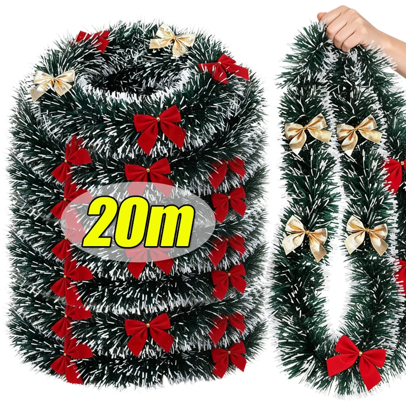 Tinsel Garland Decoration - 20/2m Kerstgirlande met strikken, groene tinselkrans