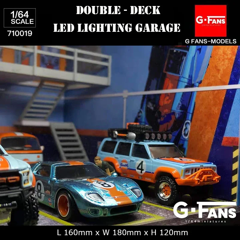 G-Fans 1:64 Assemble Diorama Double-Desk LED Lighting Garage Model Car Parking Lot Display - Gulf Version