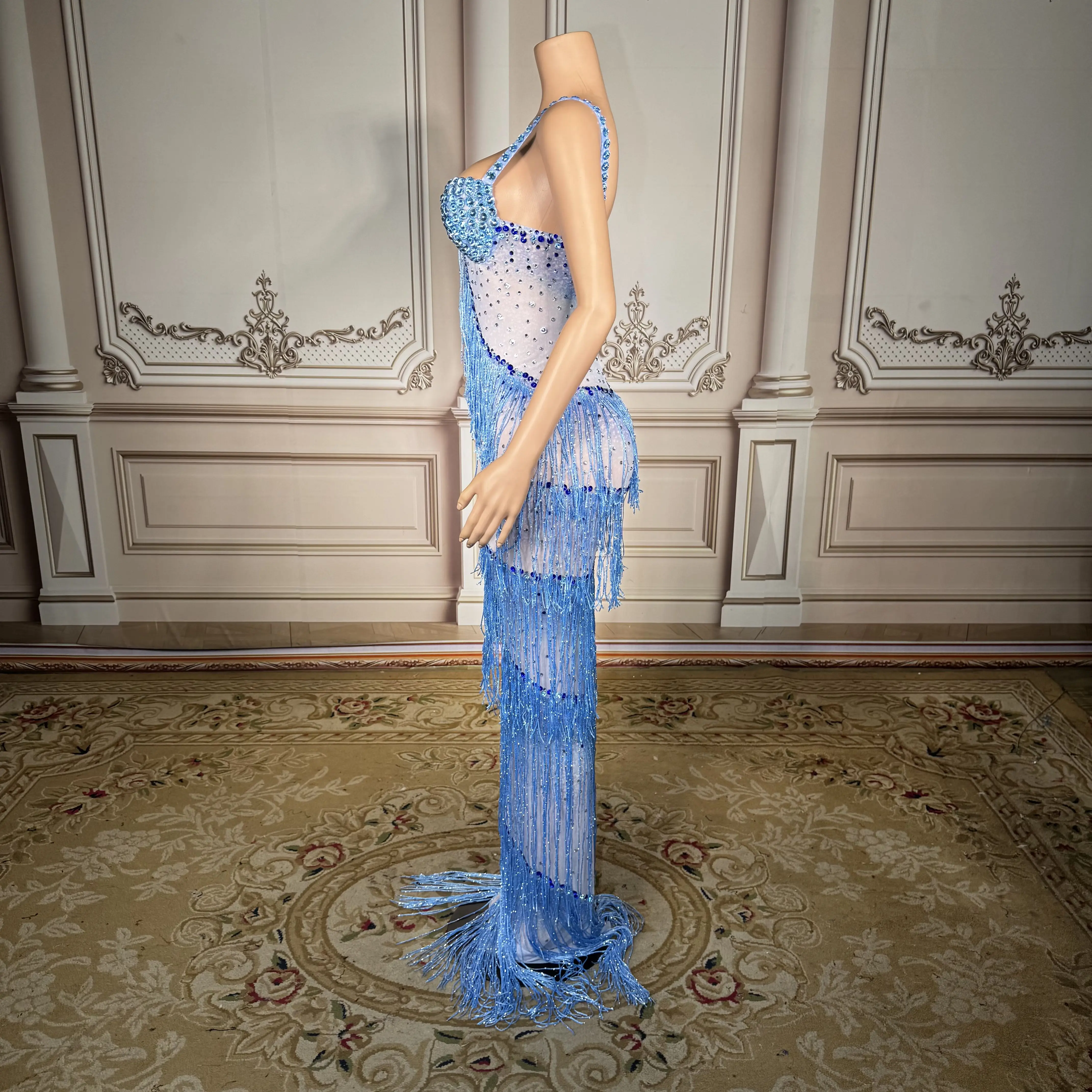 ZD Luxuriöses blaues Strass-Abendkleid mit Fransen für Damen – elegantes Quasten-Kristallkleid, sexy Party-Performance, langes Kleid 2025