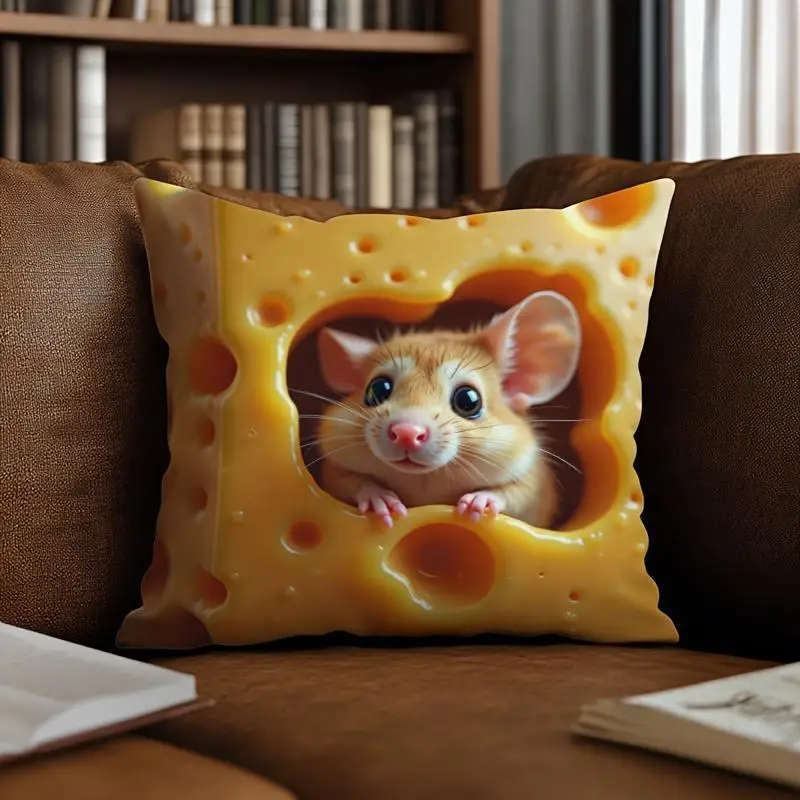 1pc Cute Mouse & Cheese Pillowcover, Whimsical Animal Print Cushion, Ideal Festive Gift for Home Decor & Fall-Themed Living Spac