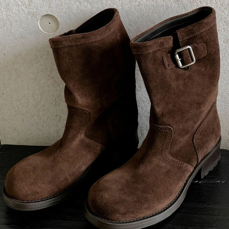 Maxdutti Southern France Minimalist Lazy Leather Mid Top Boots For Women Autumn/winter 4cm Thick Heel Ankle Boots Women's Shoes