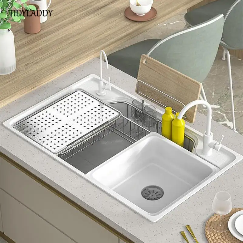 Japanese Kitchen Sink Nano Stainless Steel White Single Slot Modern Luxury Multifuctional Workstation Sink with Storage Rack