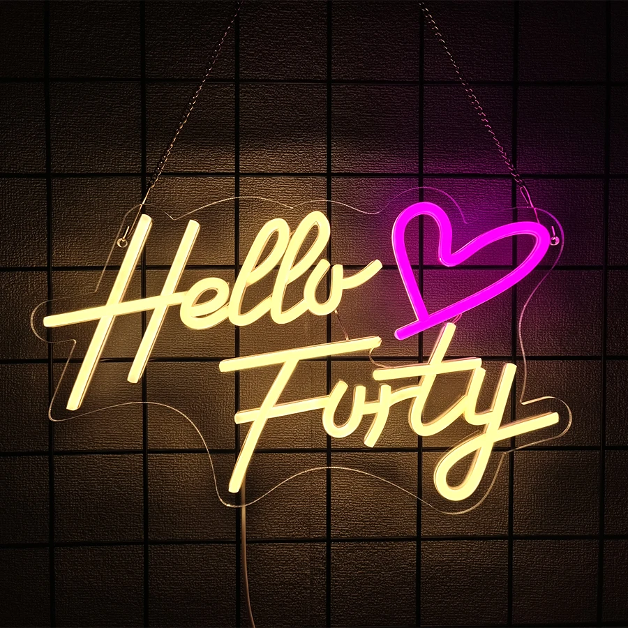 Hello Forty Neon Sign For Wall Decor,Led Neon Light For Woman Happy Birthday 40th Birthday Gifts,Bedroom,Office,Shop,Party