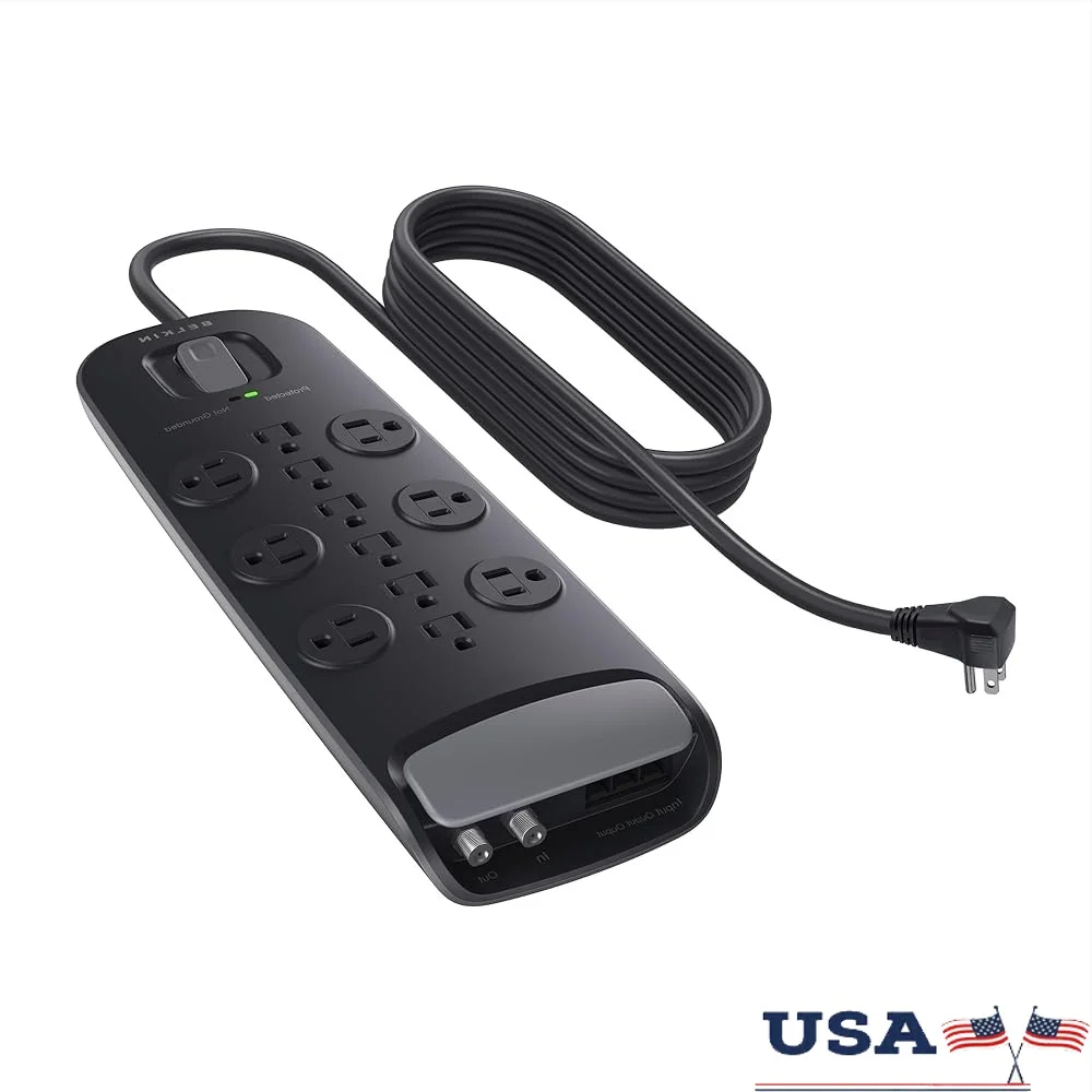 

12 AC Outlet Surge Protector Power Strip 4000 Joules Heavy Duty Extension Cord 8ft Flat Plug Home Office Travel Safety