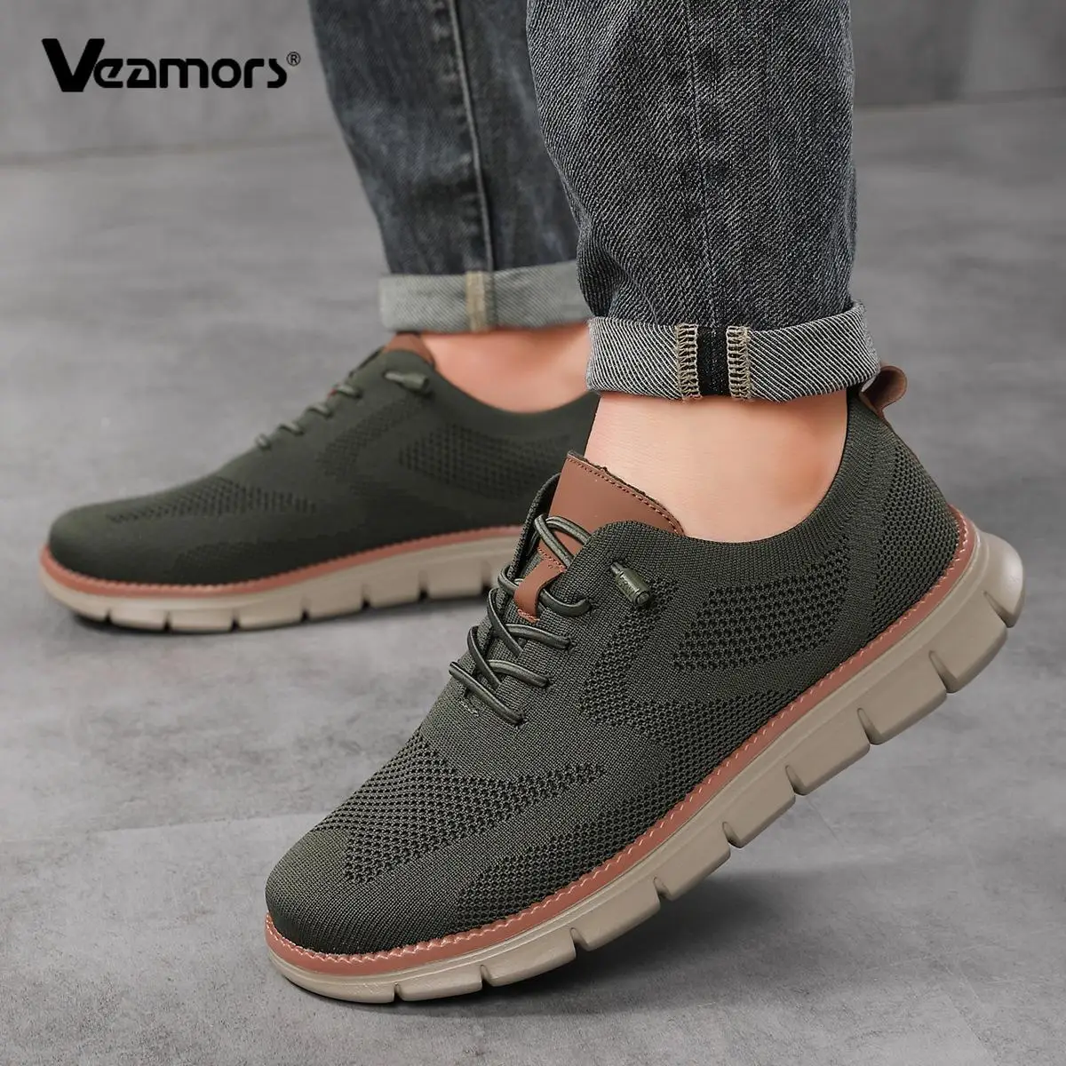 Men's Knitted Walking Shoes Breathable Mesh Casual Shoes Lightweight Daily Flats Fashion Lace-up Leisure Shoes Big Size 39-48