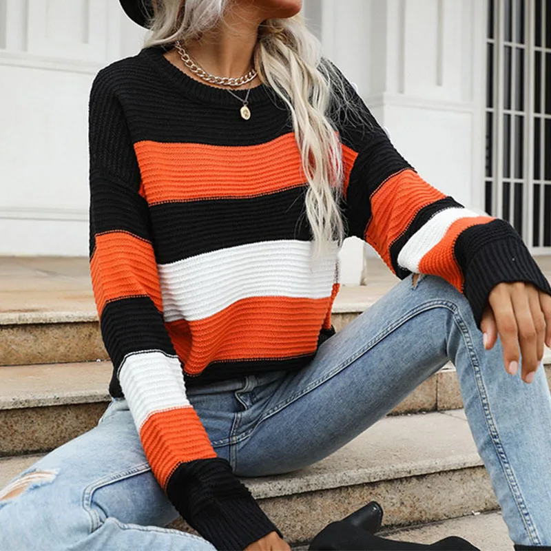 

Fashion Round Neck Loose Sweater Foreign Thin Section Pullover Long Sleeved Loose Striped Knit Sweater Women Korean Fashion