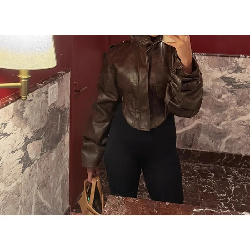 

Short Waist Stand-up Collar Leather Jacket 2025 Autumn and Winter New Stand-up Collar Waist Design Short Leather Jacket