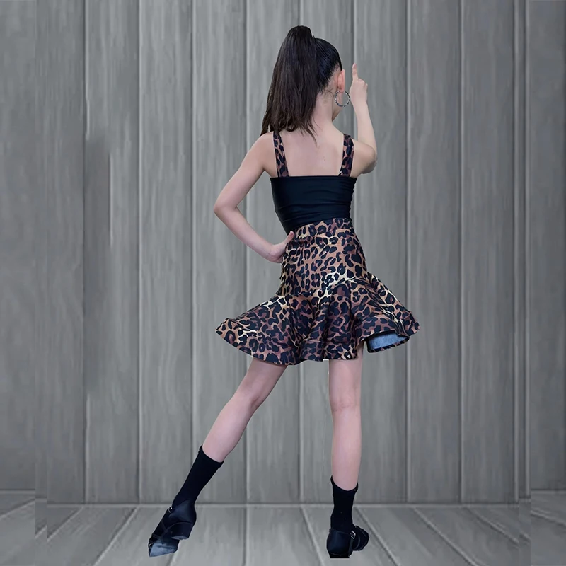 Latin Dance Dress Girls Brown Leopard Print Suspender Set Samba Rumba Salsa Performance Wear Kids Training Team Uniform VBH1340