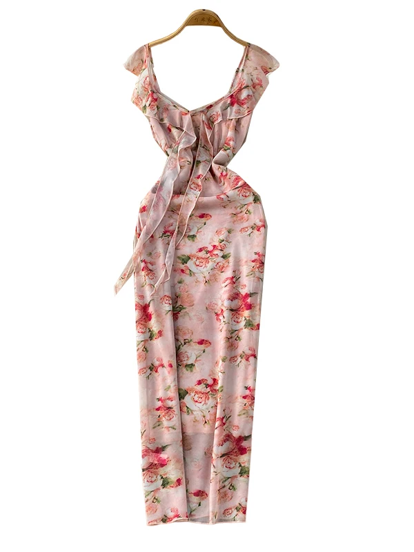 Ele Floral Print V-Ne Puff Sve Dr Damen High Waist Slim Fit Langer Rock Korean Sle Pendeln Sommer Midi Dr