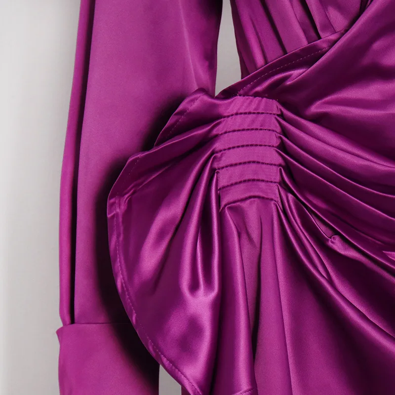 HKSH خريف جديد إمرأة فستان قصير بدوره إلى أسفل طوق كم طويل الخصر Cinching مطوي غير المتكافئة أنيقة فساتين عصرية HK9954