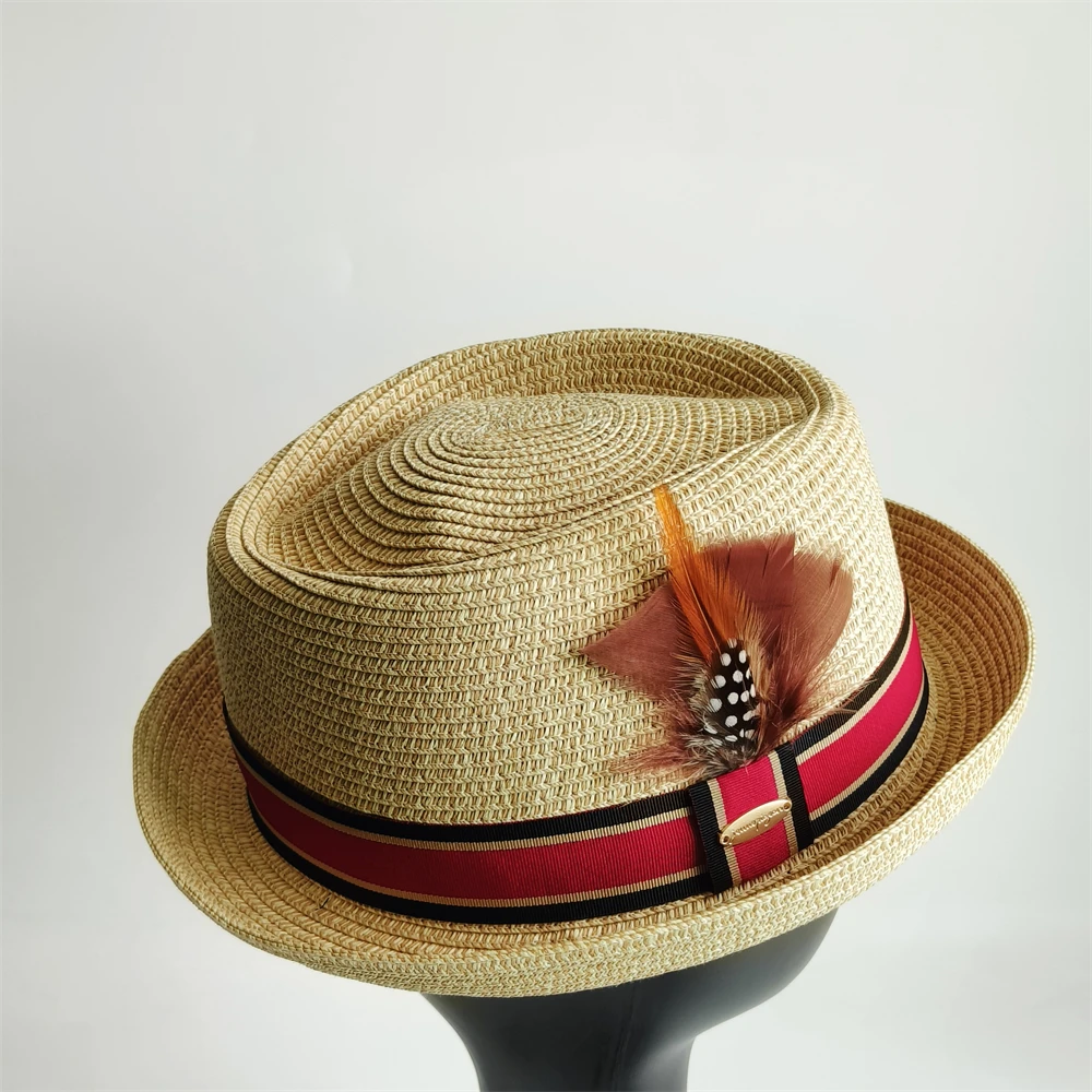 Mens Straw Trilby with Feather Summer Straw Fedora Beach Short Brim British Sun Hat Handwoven Straw Panama hat Cuban Travel Cap