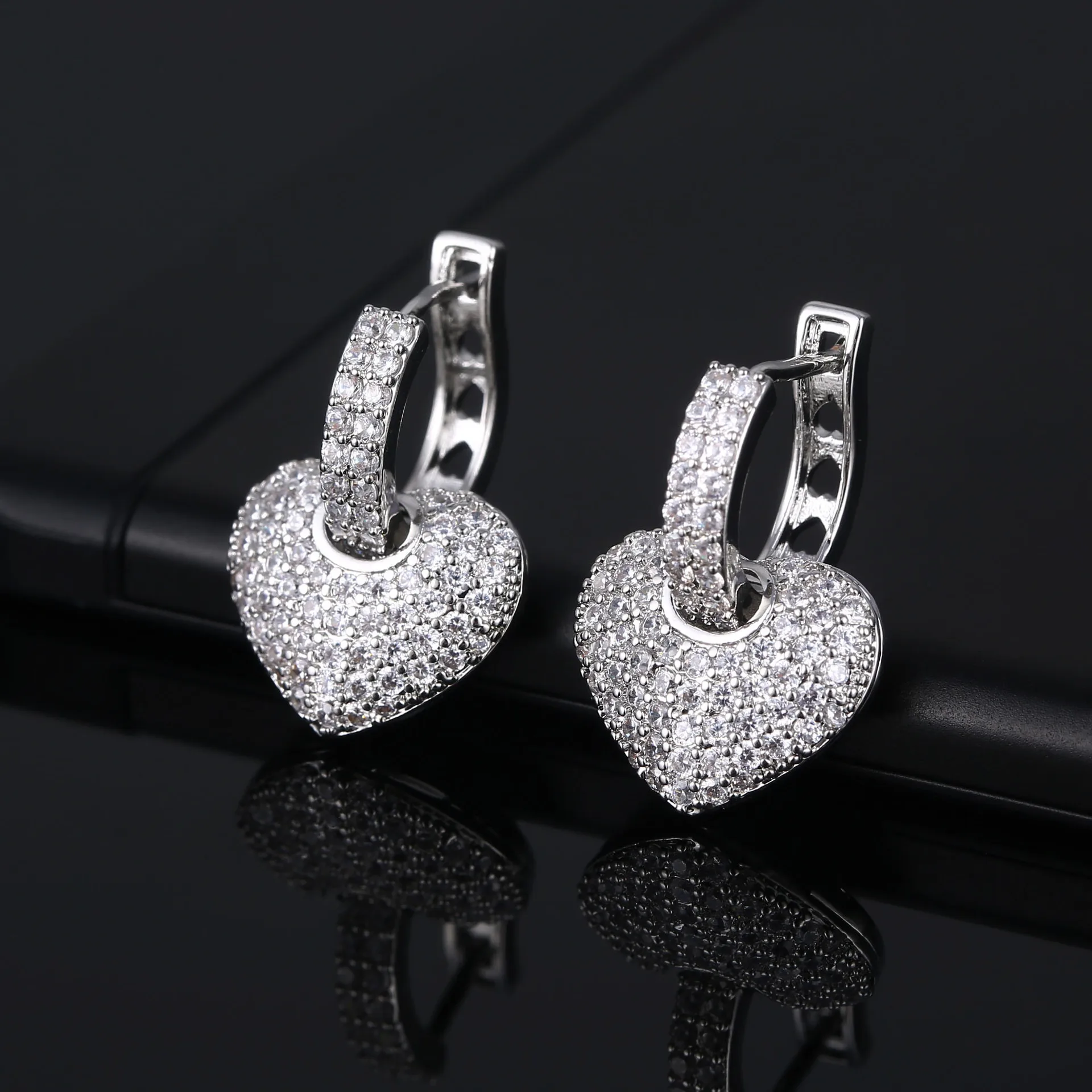 SIPENGJEL vintage Large Heart Pendant Earrings Geometric Romantic Full Zircon Drop Hoop Earrings For Women Wedding Jewelry