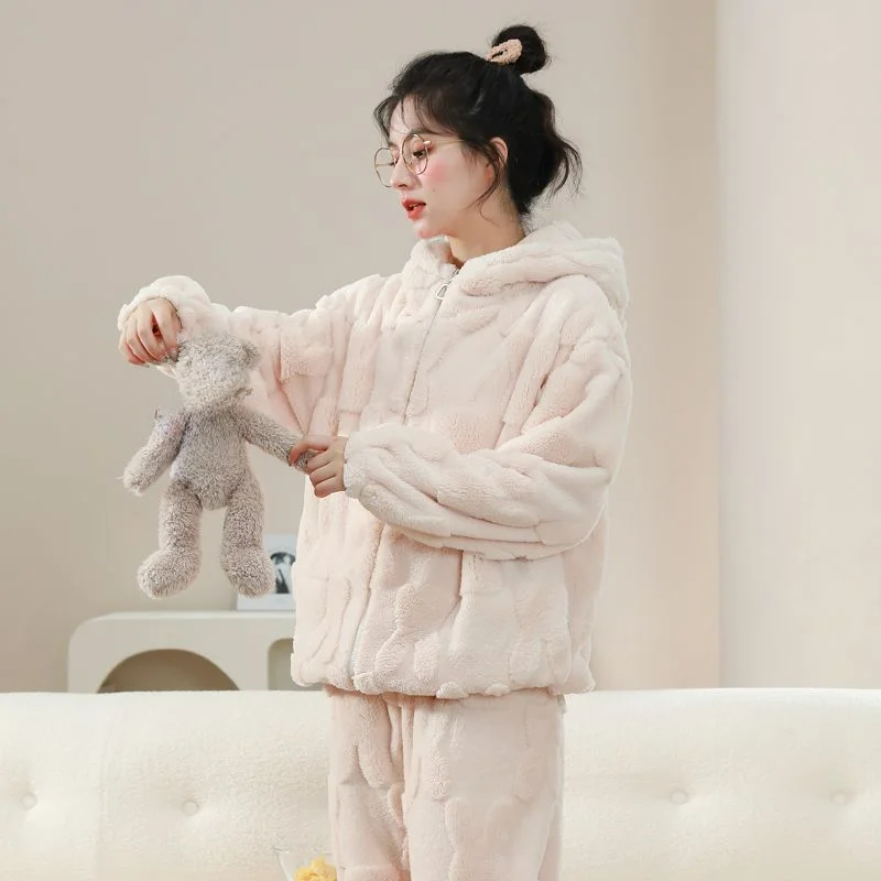 Autumn and Winter Thickened with Velvet Coral Velvet Pajamas Female Student Dormitory Hooded Flannel Homewear Set Winter Comfort