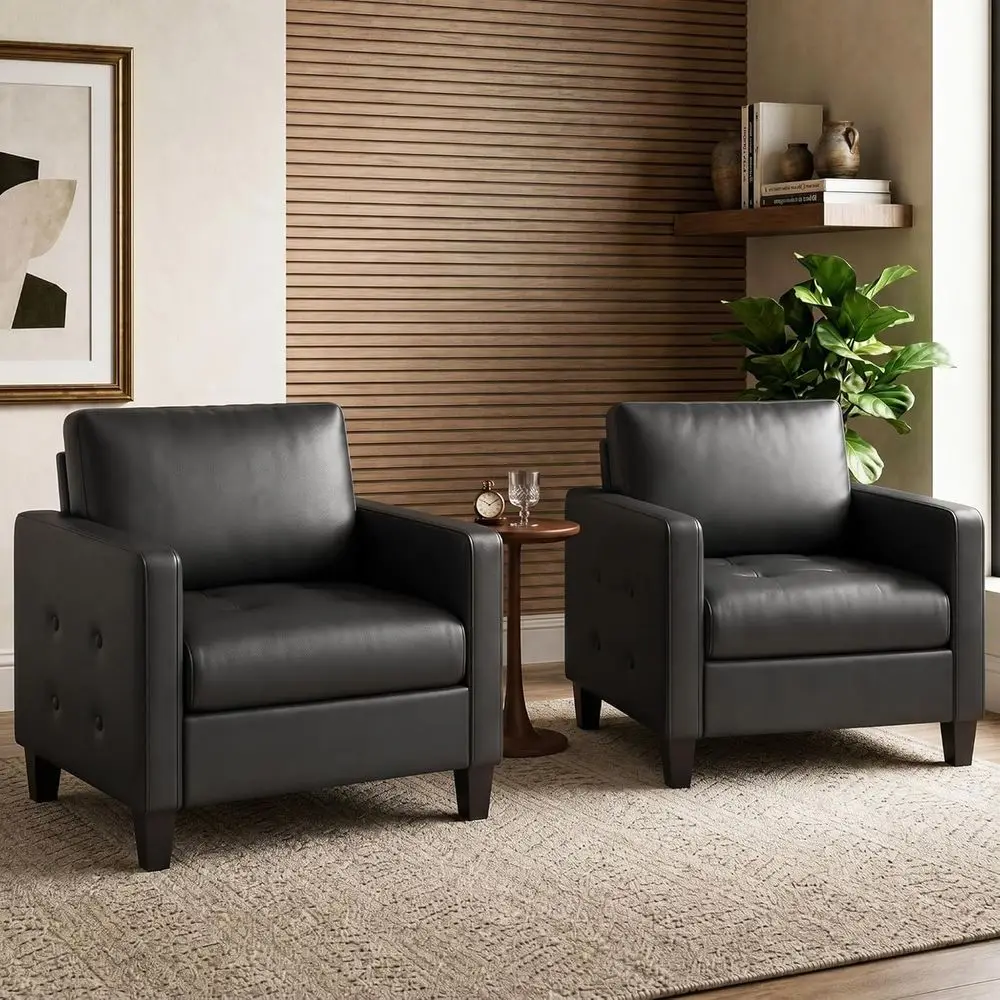 

Pair of Black Faux Leather Accent Chairs - Modern Living Room Seating, Cozy Office Reading Chairs with Tufted Armrests and Seats