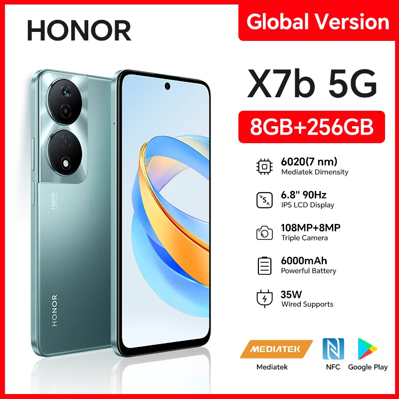 HONOR X7b 5G, 8 GB + 256 GB, tela de 6,8”, SIM dupla, câmera tripla de 108 MP + 8 MP, carregamento rápido, telefone Android