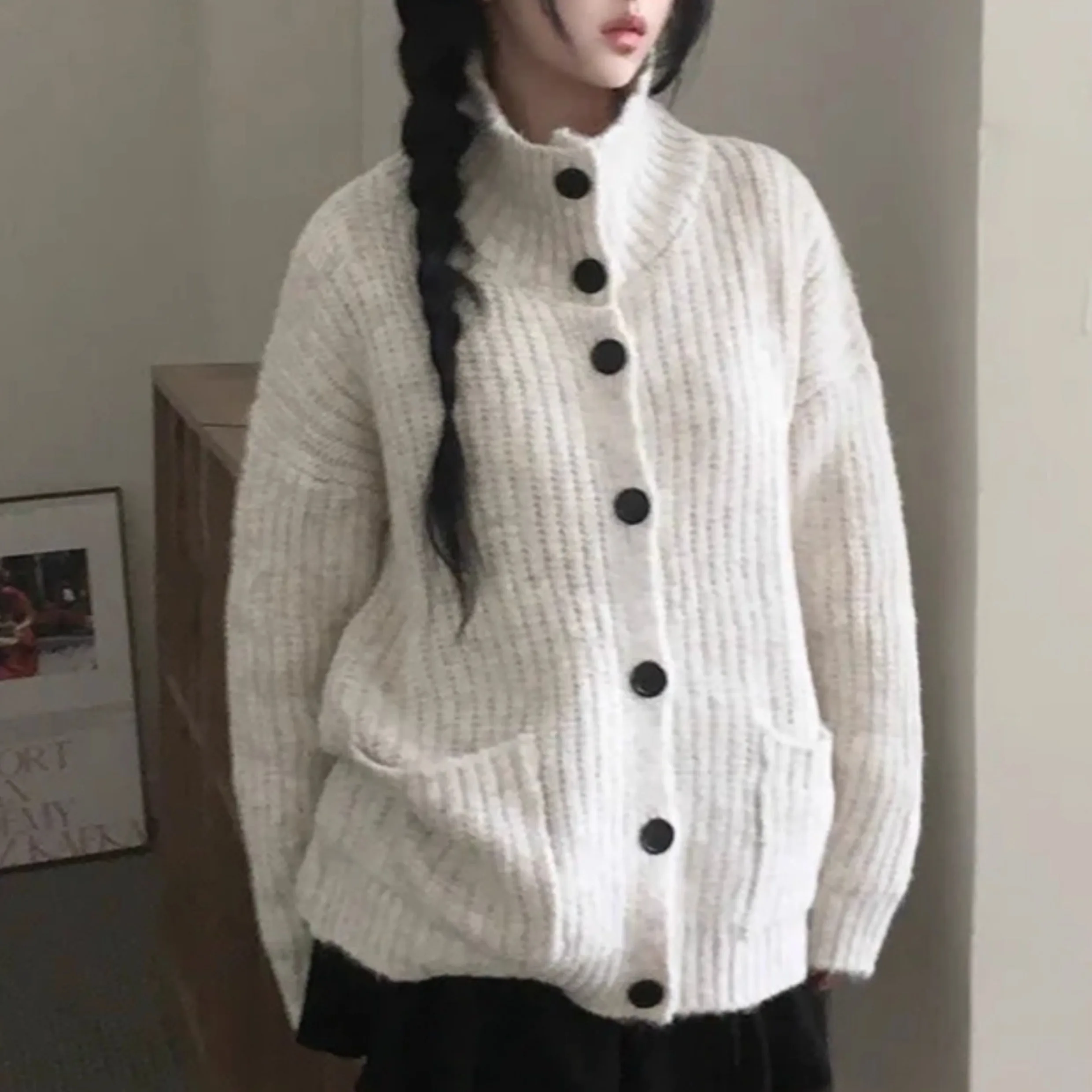 

Chic Autumn Winter Thiened Retro Button Stand Collar Loose Versatile Knitted Open Cardigan Top Sweater Coat Korean Sle