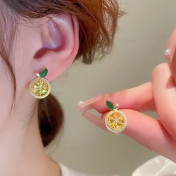 Yupsk Korean Cute Orange Lemon Fruit Stud Earrings for Women Girls Delicate Yellow Cubic Zirconia Fashion Daily Ear Accessories