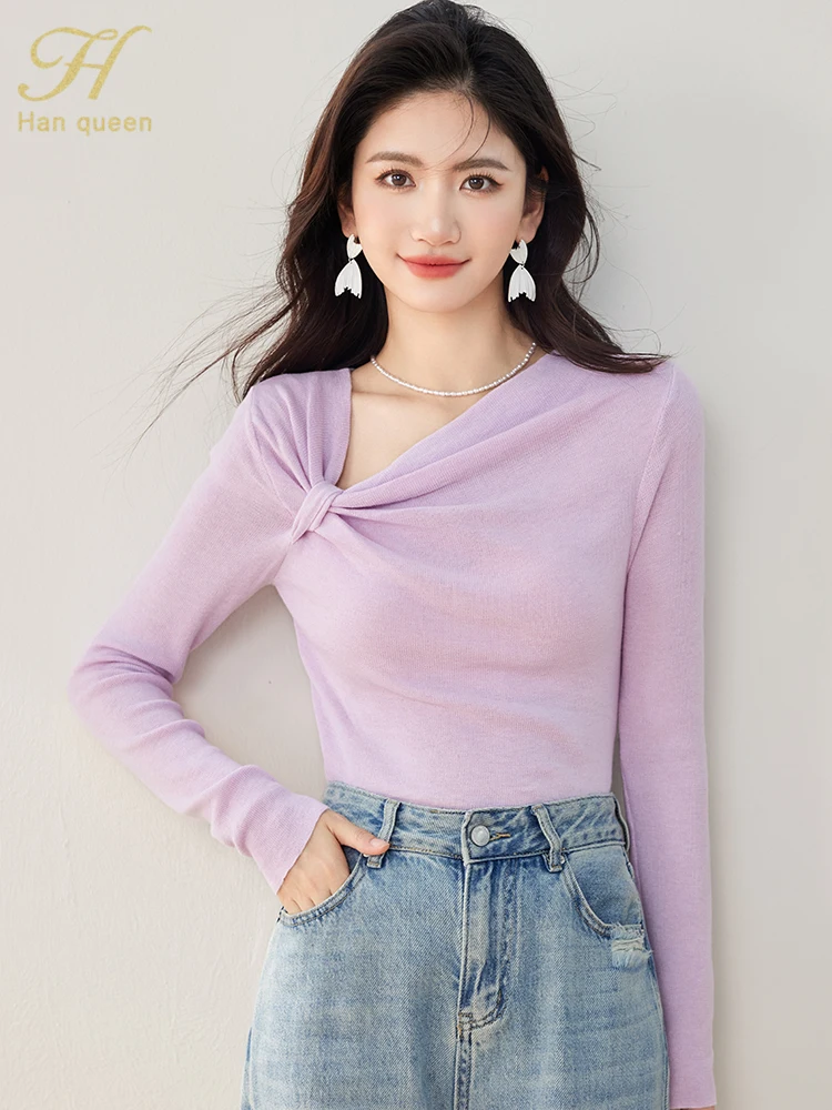 

H Han Queen Autumn Sweater Sweater Women Tops Korean Fashion Irregular Simple Basic Bottoming T-Shirt Long Sleeve Tee