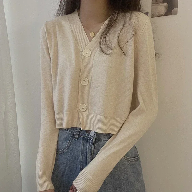 Solid Knitted Cardigan 2024 Spring Autumn Long Sleeve Sweater Cardigan Women V Neck Short Top Office Ladies Slim Streetwear