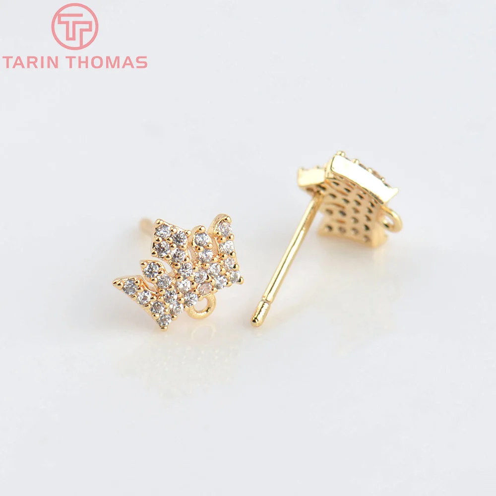 (4835) 4PCS 9x7MM 24K Gold Color Brass with Zircon Crown Shape Stud Earrings High Quality Jewelry Making Findings  Wholesale