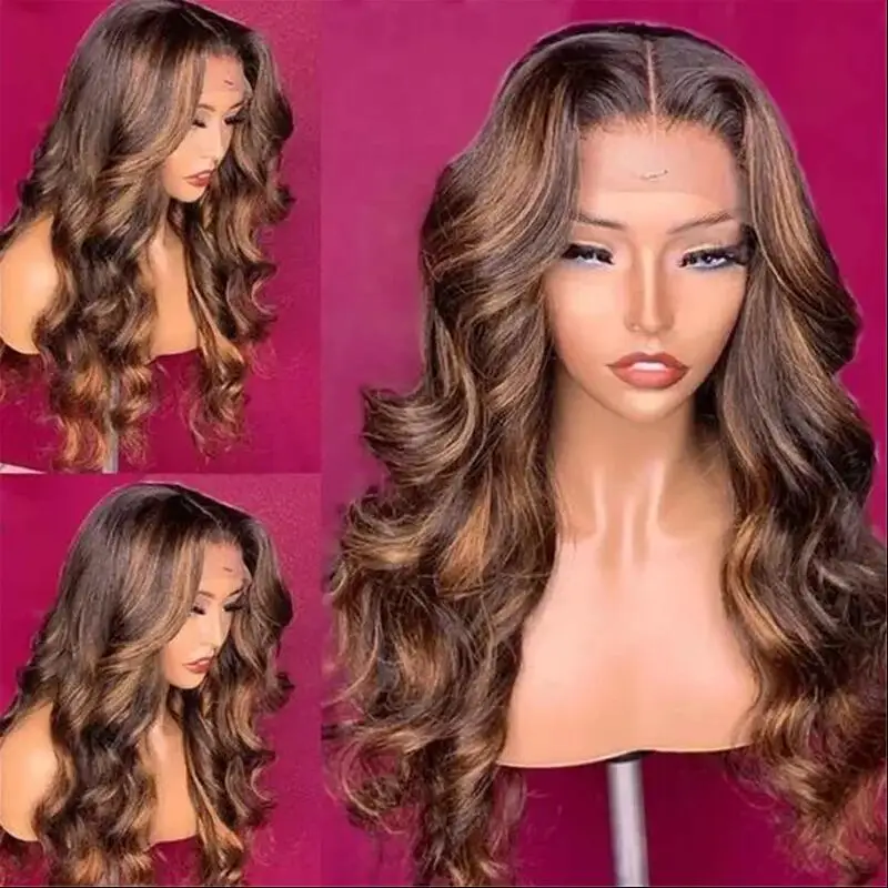 

180 Density Glueless 26" Natural Long Highlight Brown Soft Body Wave Lace Front Wig For Women BabyHair Heat Resistant Preplucked