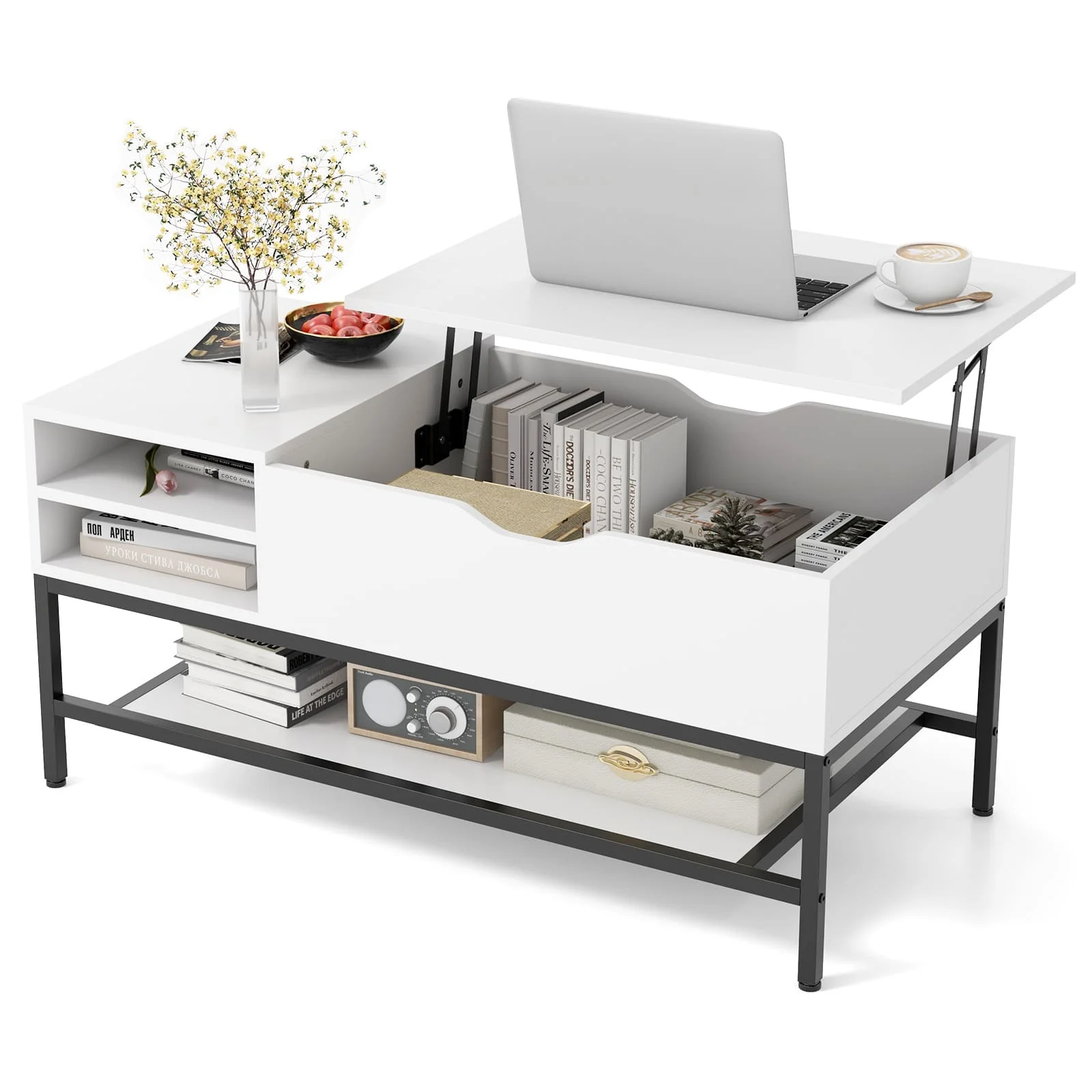 GOFLAME Lift Top Coffee Table Living Room Table w/ Storage Shelf-White