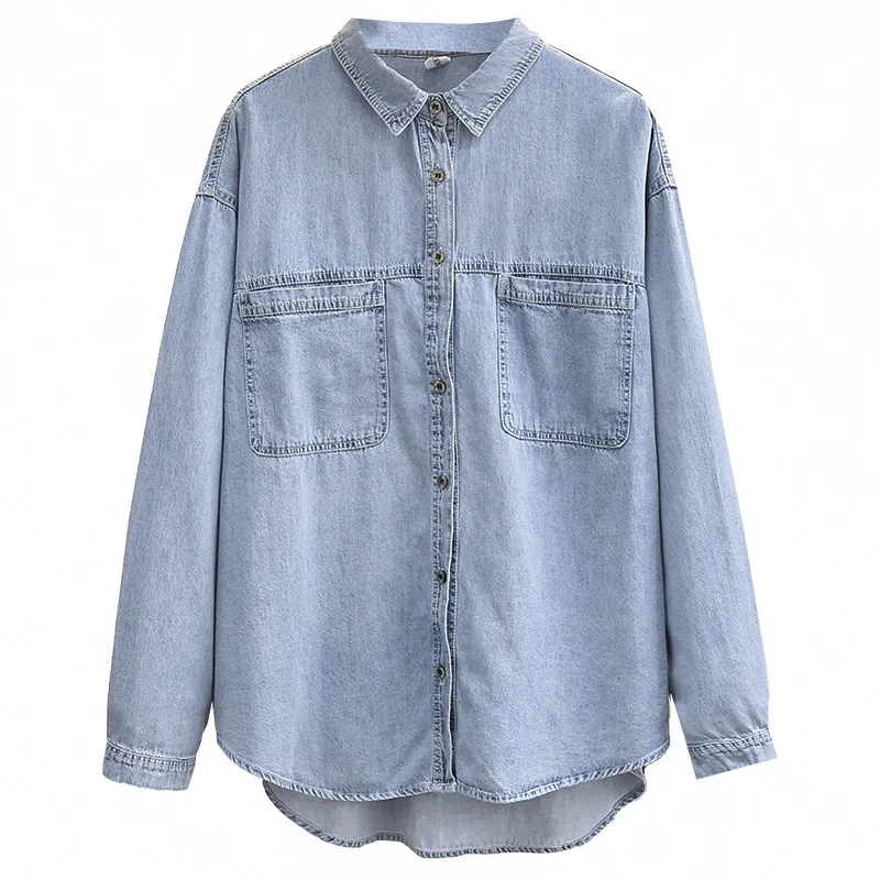 Plus Size Denim Shirt Women 2023 Spring Retro Art Two Pocket Design Blouse Loose Asymmetrical Long Tops Oversized Curve Clothes