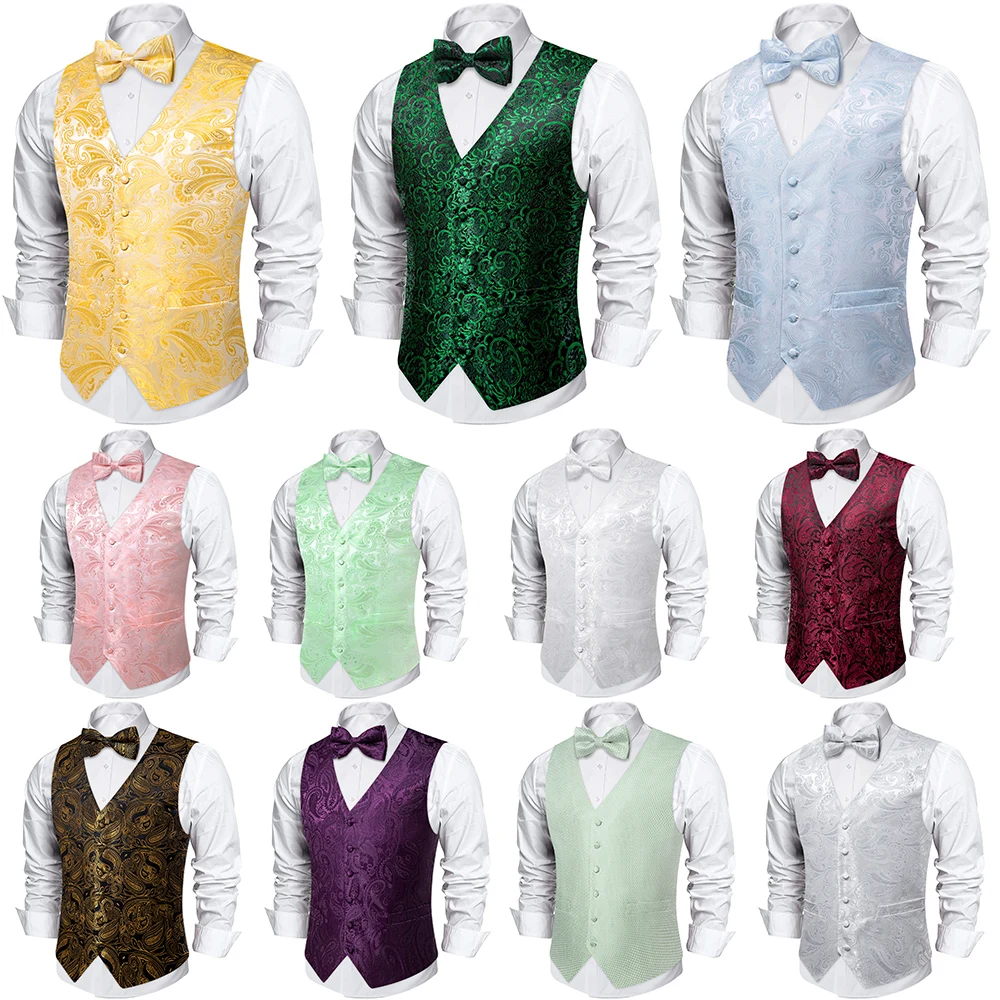 Pink Paisley Yellow Green Floral Suit Vest for Men with Bow Tie Handkerchief Luxury Elegant Prom Wedding Tuxedo Suits Waistcoat