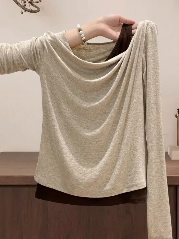 Early Autumn Shoulder Bared Long Sleeve Fake Two-Piece T-Shirt Women's Korean Style Slimming Top High Waist Cotton Blend Poly...