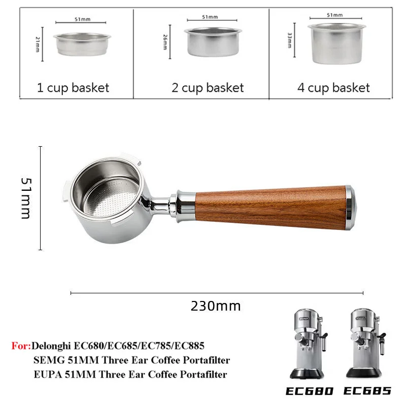 

Bottomless Portafilter For Delonghi EC680/EC685 51mm Espresso Naked Coffee Handle With 1/2/4 Cup Replacement Filter Basket