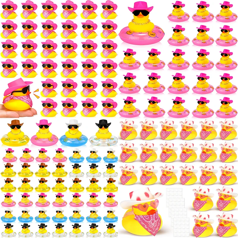 60 conjuntos de patos de borracha de cowboy com cachecol, chapéu e óculos de sol, mini brinquedos de pato de banho para aniversário, festa de natação, presente, decorações