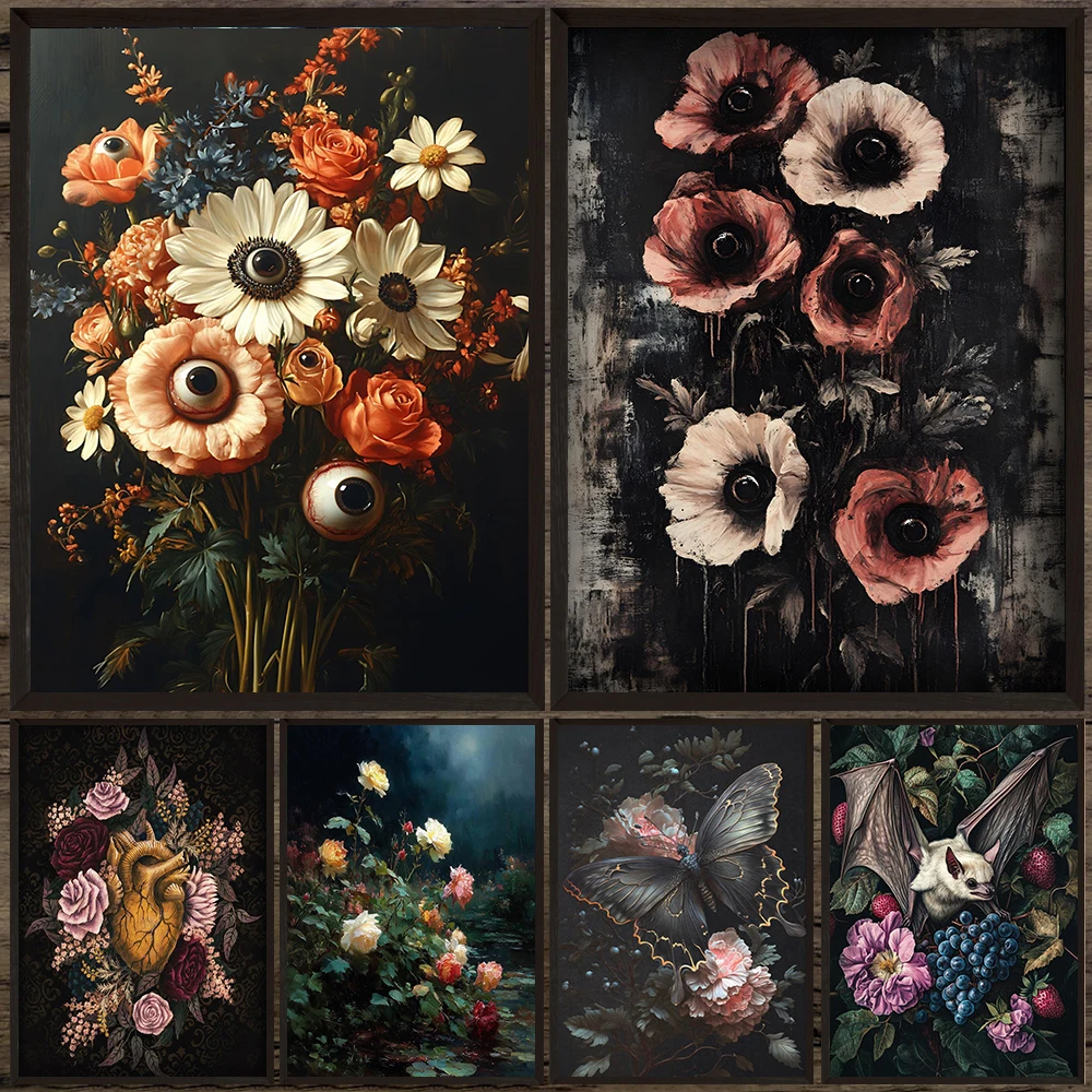 Botanical Spooky Gothic Plants Wall Art Canvas Painting,Dark Floral Oil Art Poster Print,Arcane Nature Print Decoration Unframed