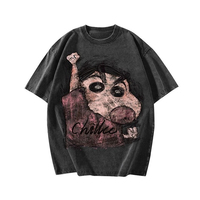 Retro Hand-drawn Shin-chan Short-Sleeved Tees American T-Shirt Oversized Washed Cotton Aged Loose Fit Casual Tops for Men Women