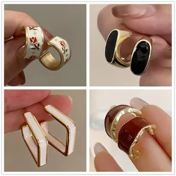 Personality Fashion C-Shape Drop Earrings for Women Punk Enamel Oil Square Print Floral Heart Earrings Geometry Golden Jewelry