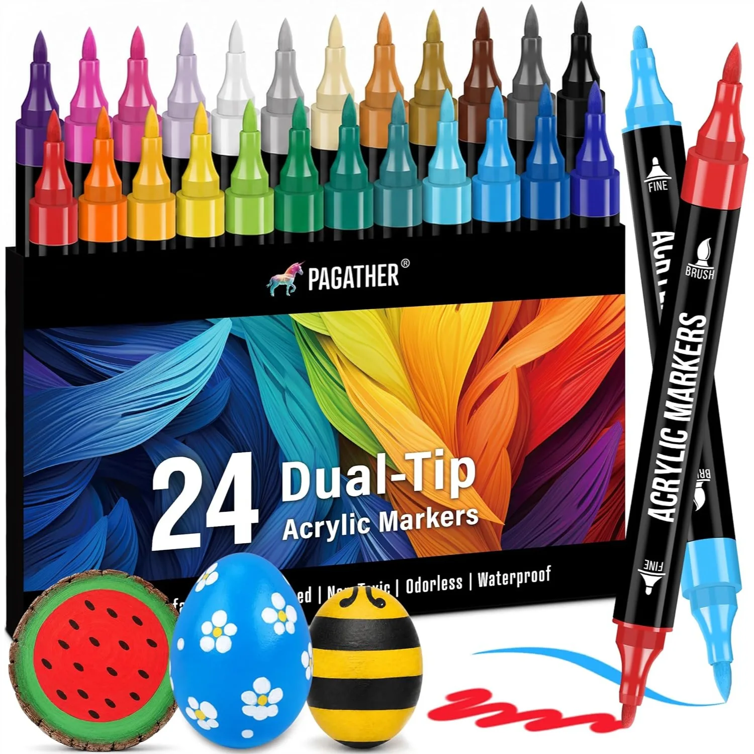 

24 Colors Acrylic Paint Markers, Dual Tip Fine and Brush Pens for Rock Painting, Canvas, Wood, Ceramic, Glass, DIY Crafts