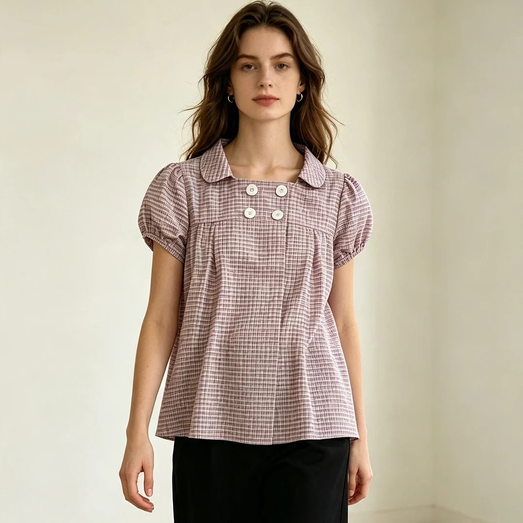 Retro plaid doll collar double breasted bubble sleeves sweet and age reducing versatile shirt T-shirt