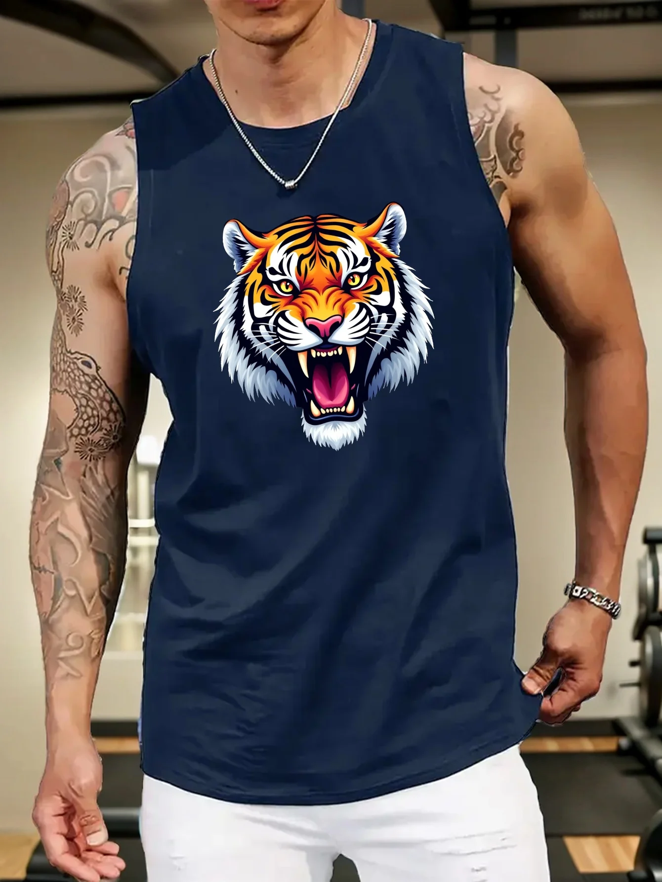Men's Realistic Roaring Tiger Head Pattern Vest, Summer Casual Round Neck Sleeveless Vest, Breathable Polyester, Comfortable Fit