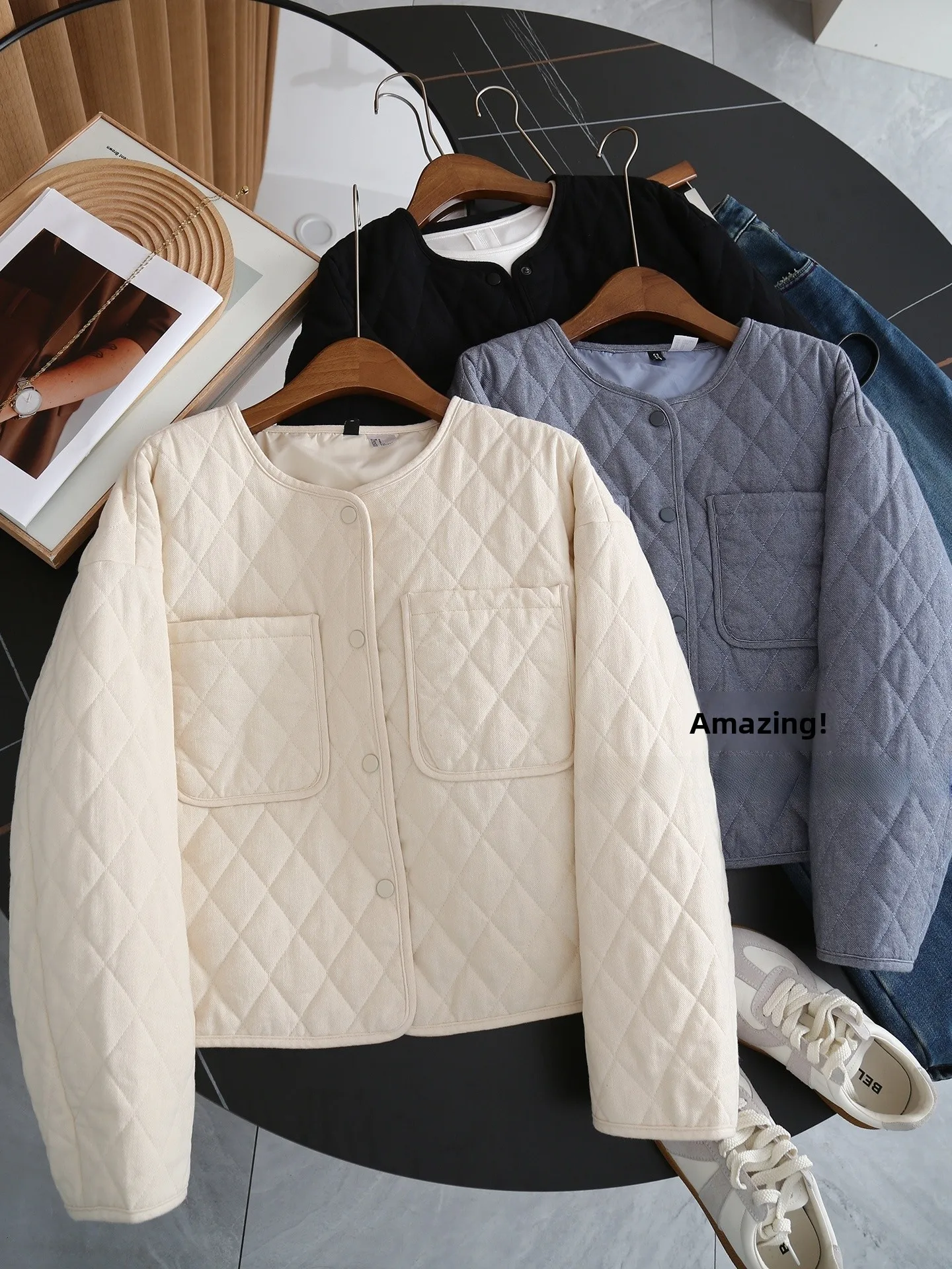 

Town Honey Joy 00% Cotton Diamond Pattern Women's Loose Fit round Ne Coat with kets Autumn Winter Cotton Jaet