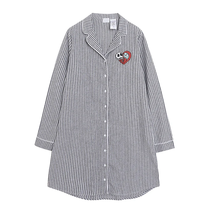 

Loose Pure Cotton Long Sleeve Embroidered Striped Cartoon Shirt Casual Style Women's Home Clothes Dress Spring Season