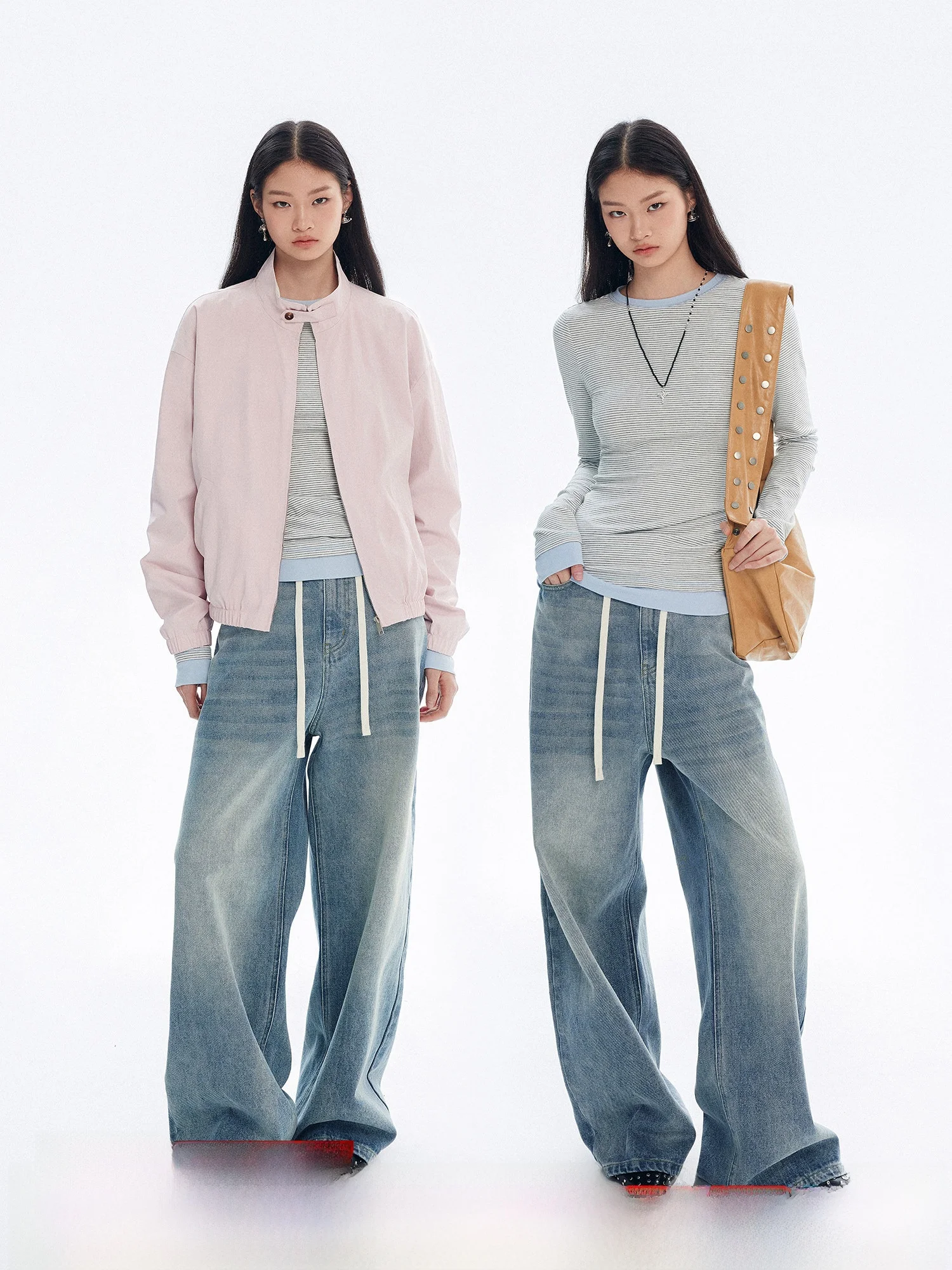 

MOLY CHO Vintage Waed Distred Denim Pants Women's Dstring Wide Leg Floor-Length Casual Cotton Straight Tube Trousers