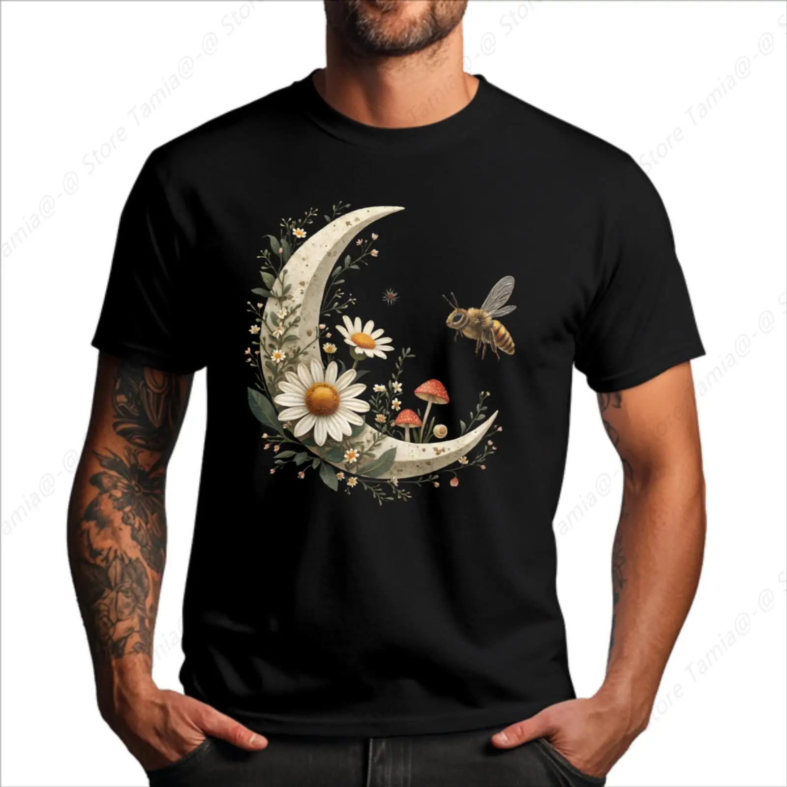 

Moon Daisy Bee Mushroom Graphic Men's Round Sleeve T - shirt with Chest Heat Transfer Printing Comfortable Feel