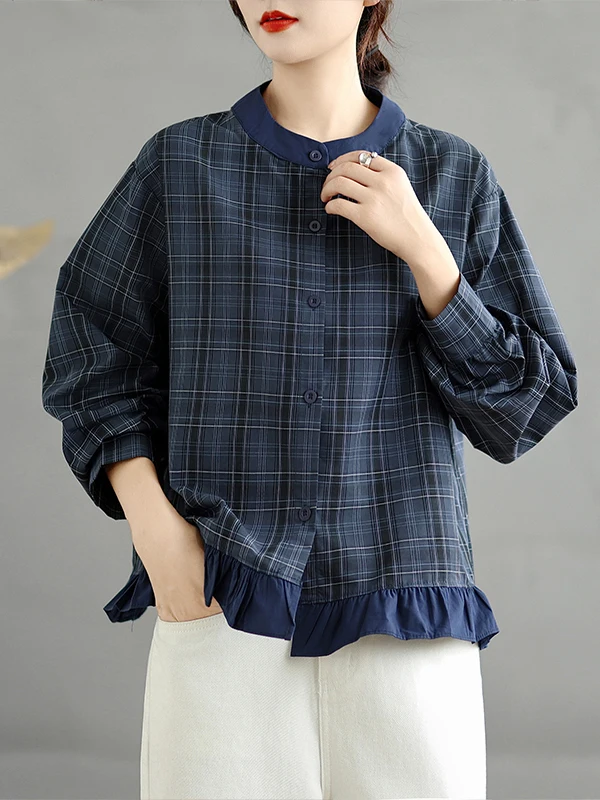 

Blue Plaid Casual round Ne irt Women's Loose Fit Comfortable Breathable Korean Sle Brand Tag Removed Early Autumn Faion