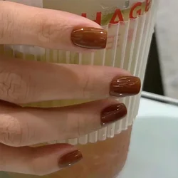 24pcs Brown Short Square False Nails Classic Solid Color Design Simple Fake Nails Ballet Full Cover Nail Manicure Tips for Girls