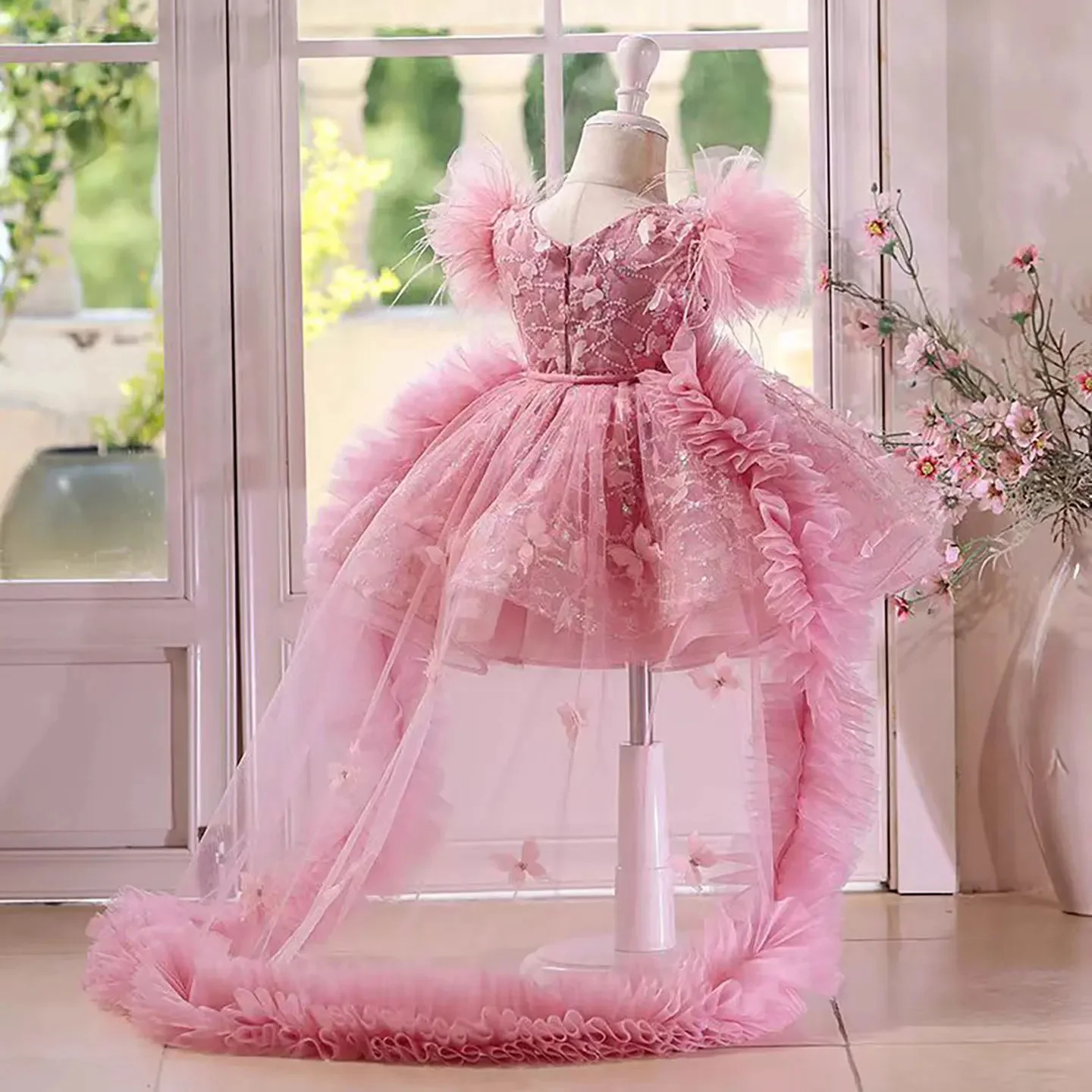 تخصيص الوردي زهرة فتاة فساتين الترتر الفراشات منتفخ الزفاف وصيفه الشرف حفلة عيد ميلاد عطلة الفتاة هدية فستان حفلات