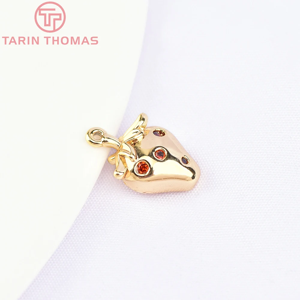 (5955) 6PCS 7.5x12.5MM 24K Gold Color Brass with Zircon Strawberry Pendants High Quality DIY Jewelry Making Findings Wholesale