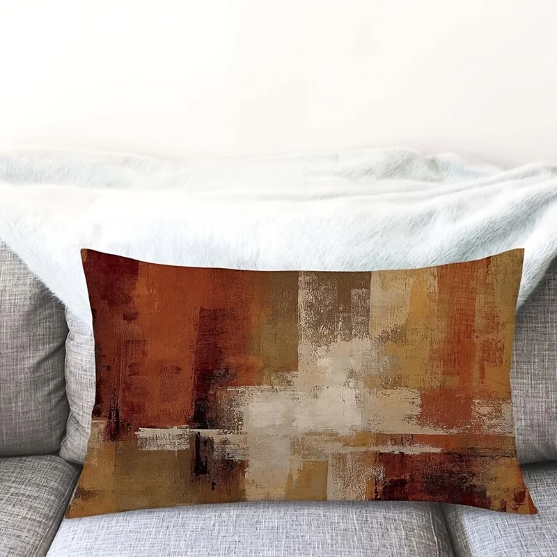 1pc Warm Brown Abstract Color Block Art Printed Lumbar Pillow Cover, Suitable for Sofa, Bedroom, Living Room, Study, Dining Room