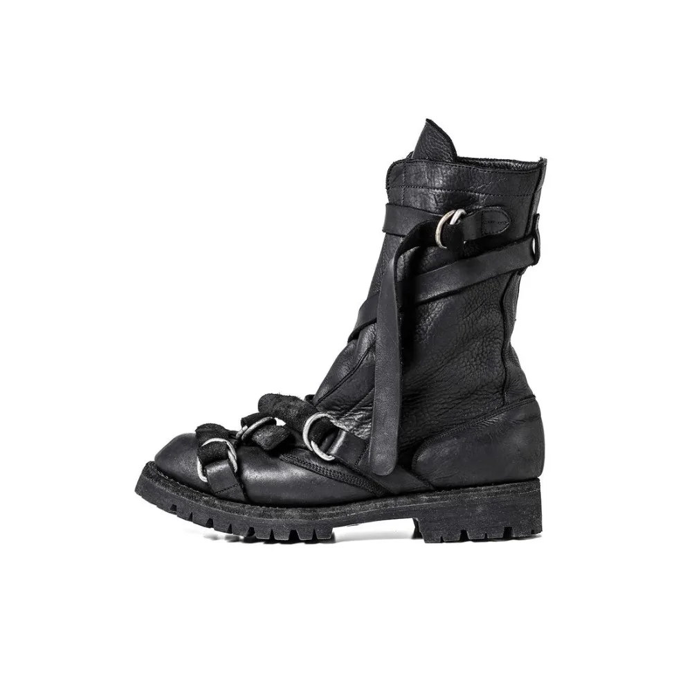 Men's Leather Motorcycle Boots Punk Retro Thick Soled Mid-Calf Knight Boots Black Soft Belt Buckle Strap High-top Moccasin Shoes view 5
