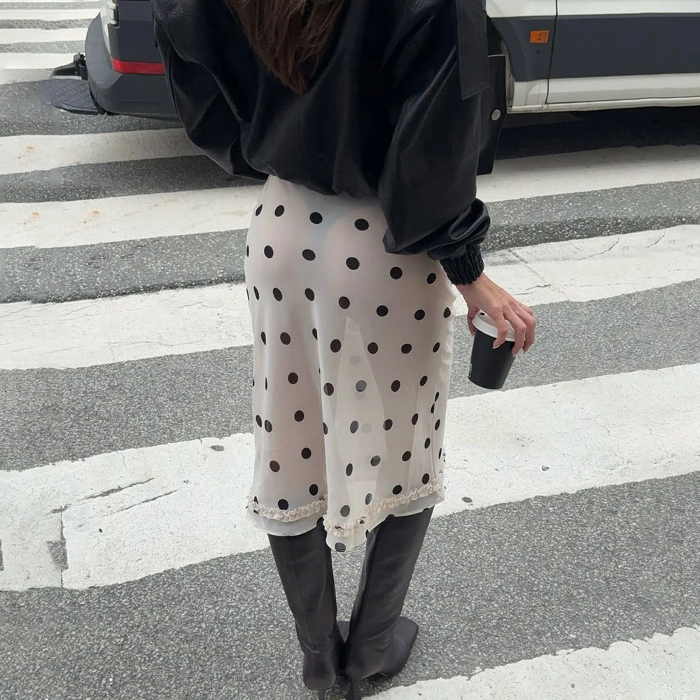 

Talenza White Polka Dot Skirt Summer Fashion High Waist See Through A Line Skirt Women Casual Office Lady Satin Vintage Skirt
