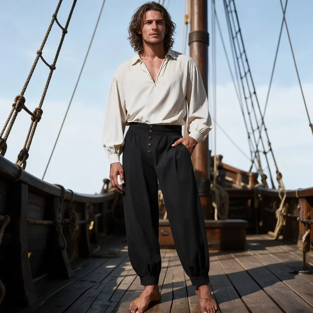Men Vintage Medieval Pirate Trousers, High Waist Button Elastic Cuff Pants for Renaissance Halloween LARP Cosplay & Daily Wear